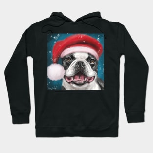 Painting of a Happy Boston Terrier Wearing a Santa Hat and Smiling on a Snowy Night Background Hoodie